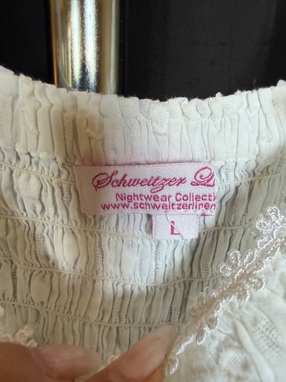 Vintage Schweitzer Linen Nightgown Swiss Dot White Cotton Sz L - Picture 3 of 5